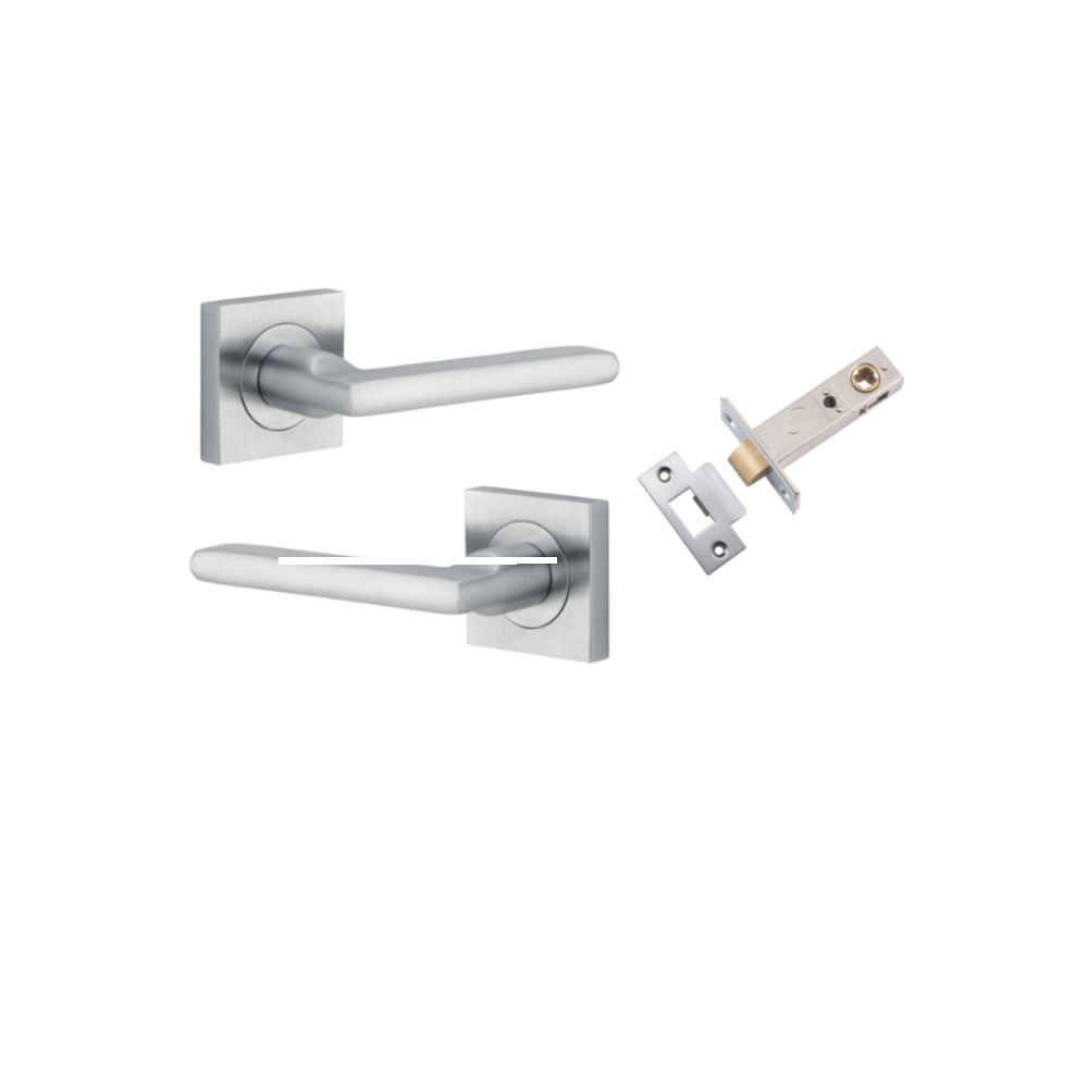 Pair of Iver Baltimore lever handles on square rose, featuring a sleek, modern design for interior doors.