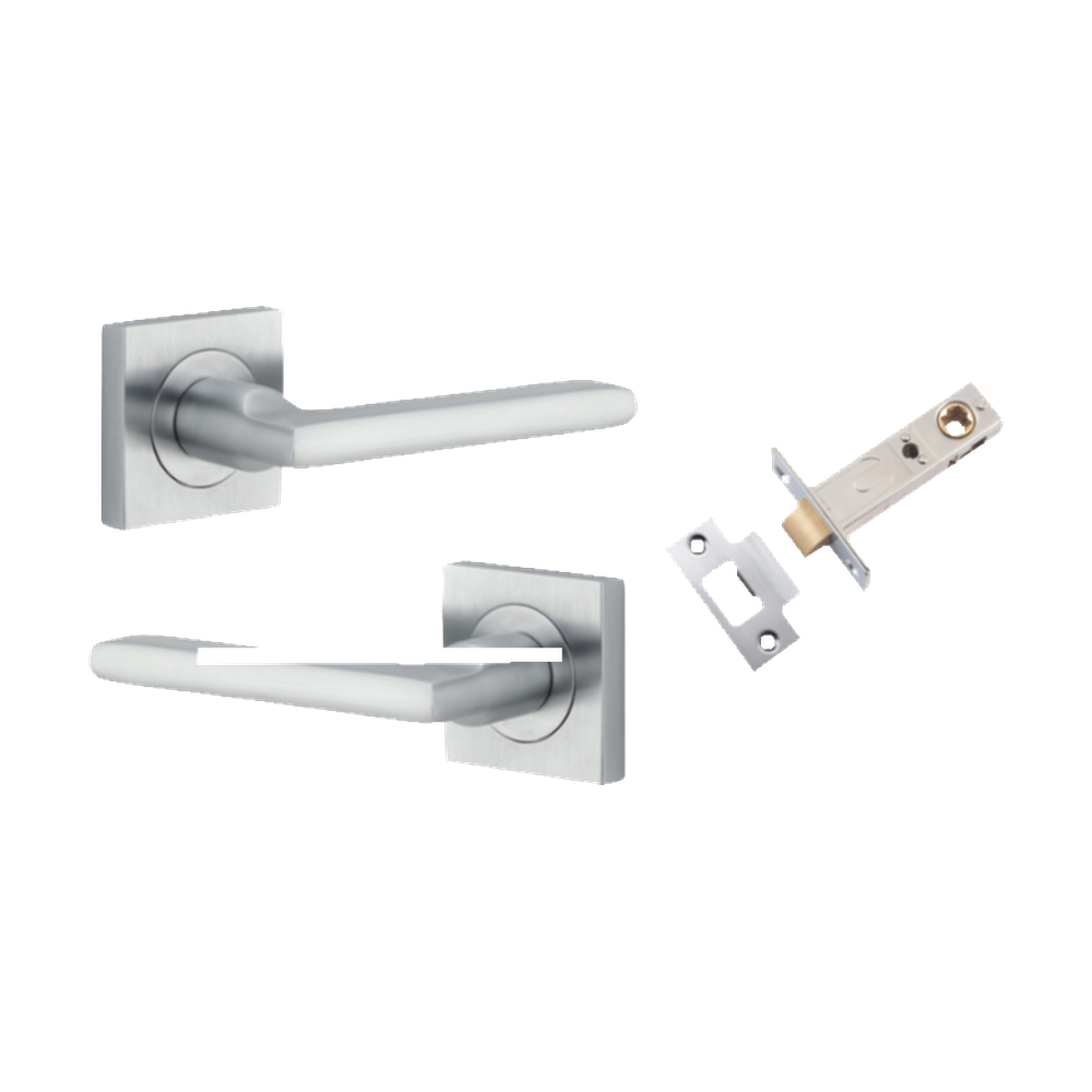 Door Lever Baltimore Square Rose Pair Brushed Chrome H52xW52xP55mm Passage Kit, Tube Latch Split Cam 'T' Striker Brushed Chrome Backset 60mm in Brushed Chrome