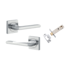Door Lever Baltimore Square Rose Pair Brushed Chrome H52xW52xP55mm Passage Kit, Tube Latch Split Cam 'T' Striker Brushed Chrome Backset 60mm in Brushed Chrome