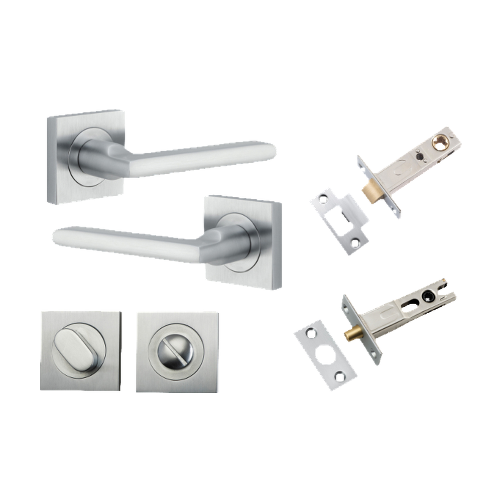 Door Lever Baltimore Square Rose Pair Brushed Chrome H52xW52xP55mm Privacy Kit, Tube Latch Split Cam 'T' Striker Brushed Chrome Backset 60mm, Privacy Bolt Round Bolt Brushed Chrome Backset 60mm, Privacy Turn Oval Concealed Fix Square Brushed Chrom… in Brushed Chrome