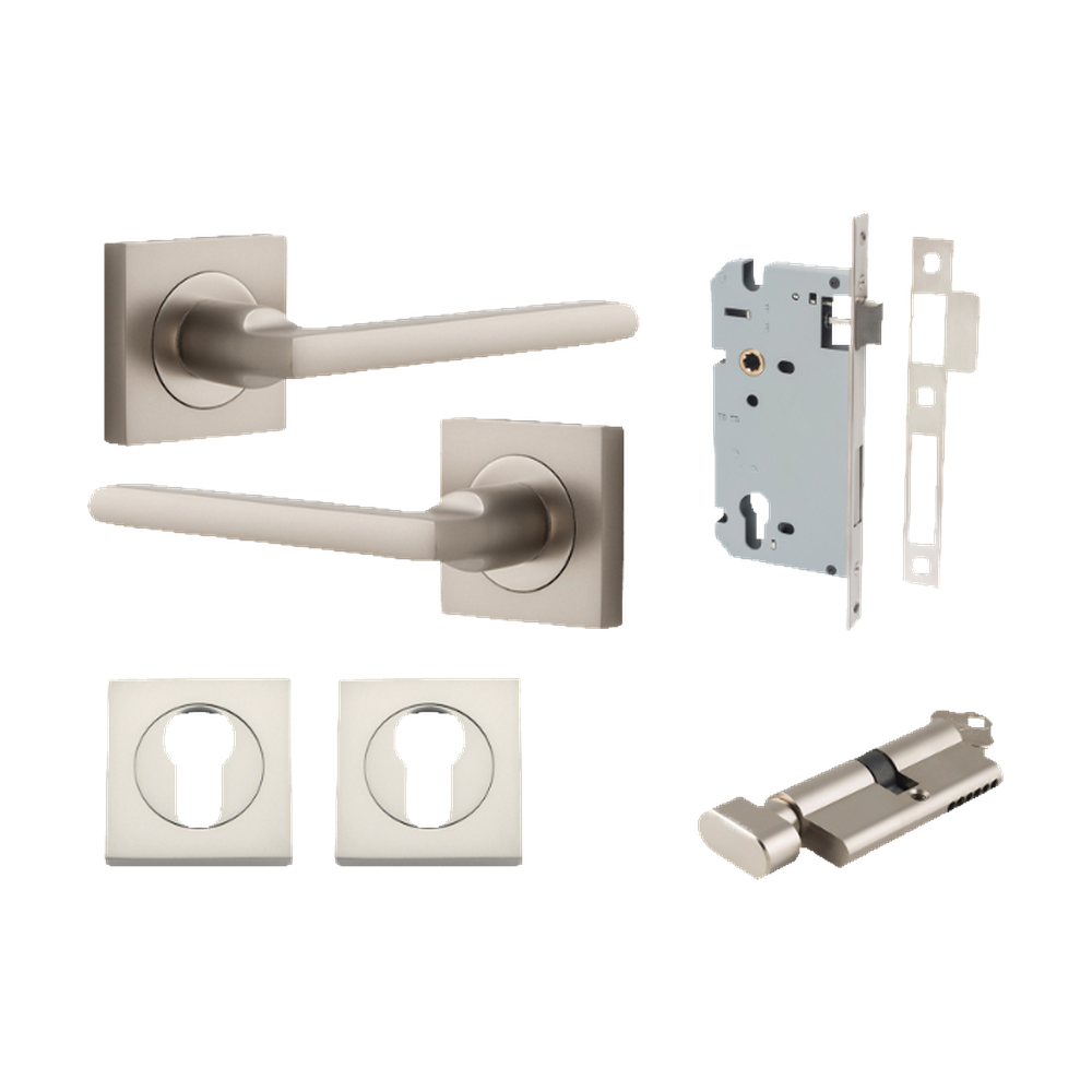 Door Lever Baltimore Square Rose Pair Satin Nickel H52xW52xP55mm Entrance Kit, Mortice Lock Euro Satin Nickel CTC85mm Backset 60mm, Euro Cylinder Key Thumb 6 Pin Satin Nickel L70mm KA1, Escutcheon Euro Concealed Fix Square Pair Satin Nickel H52xW5… in Satin Nickel