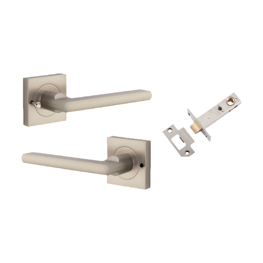 Door Lever Baltimore Square Rose Inbuilt Privacy Pair Satin Nickel H52xW52xP55mm with Tube Latch Privacy with Faceplate & T Striker Backset 60mm in Satin Nickel