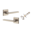 Door Lever Baltimore Square Rose Inbuilt Privacy Pair Satin Nickel H52xW52xP55mm with Tube Latch Privacy with Faceplate & T Striker Backset 60mm in Satin Nickel