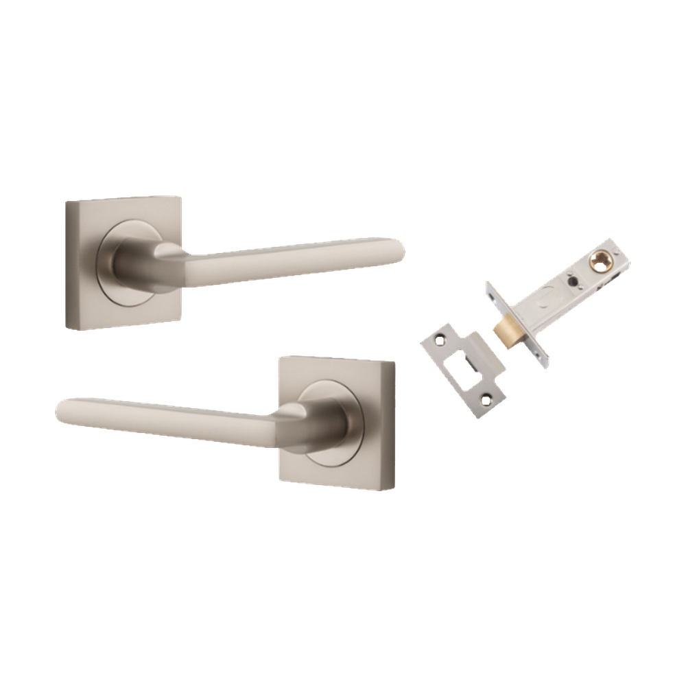 Door Lever Baltimore Square Rose Pair Satin Nickel H52xW52xP55mm Passage Kit, Tube Latch Split Cam 'T' Striker Satin Nickel Backset 60mm in Satin Nickel