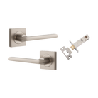 Door Lever Baltimore Square Rose Pair Satin Nickel H52xW52xP55mm Passage Kit, Tube Latch Split Cam 'T' Striker Satin Nickel Backset 60mm in Satin Nickel
