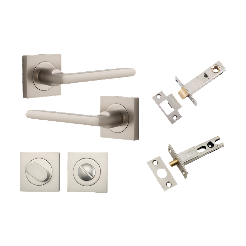 Door Lever Baltimore Square Rose Pair Satin Nickel H52xW52xP55mm Privacy Kit, Tube Latch Split Cam 'T' Striker Satin Nickel Backset 60mm, Privacy Bolt Round Bolt Satin Nickel Backset 60mm, Privacy Turn Oval Concealed Fix Square Satin Nickel H52xW5… in Satin Nickel