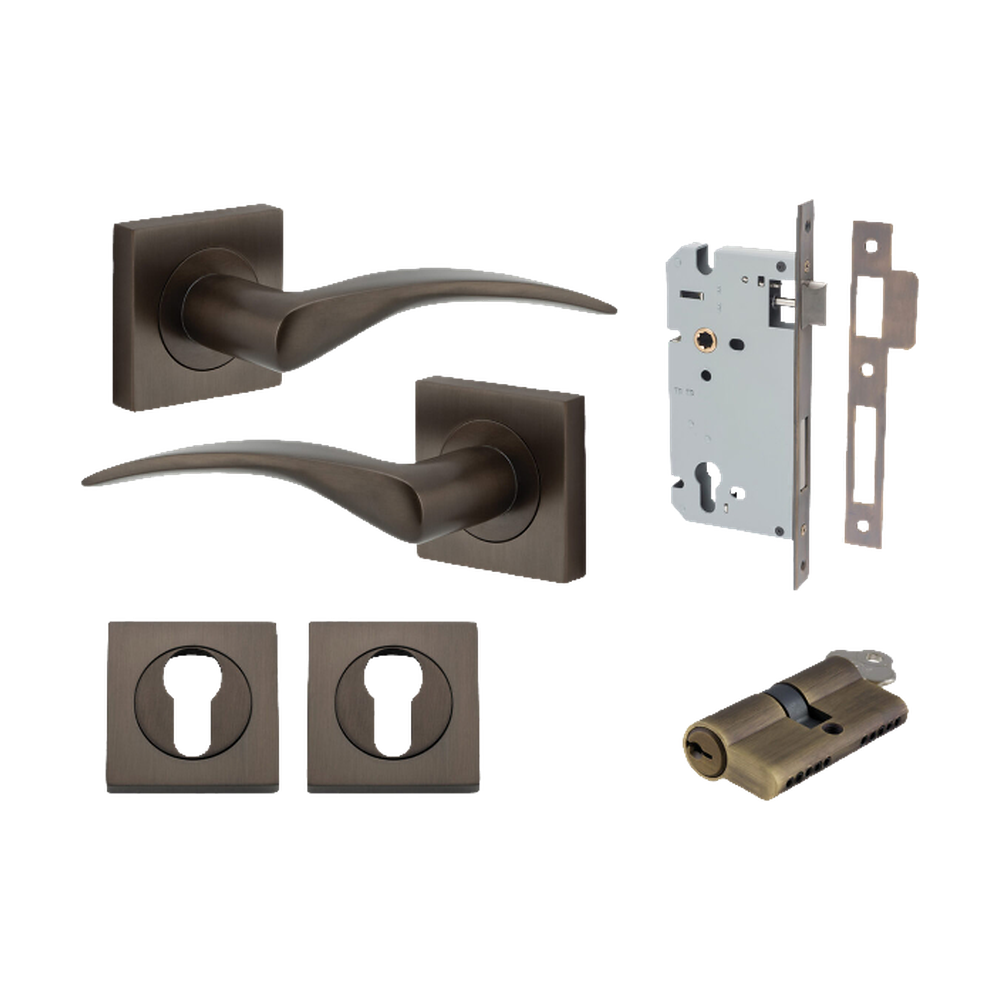 Door Lever Oxford Square Rose Pair Signature Brass H52xW52xP60mm Entrance Kit, Mortice Lock Euro Signature Brass CTC85mm Backset 60mm, Euro Cylinder Dual Function 5 Pin Signature Brass L65mm KA1, Escutcheon Euro Concealed Fix Square Pair Signature … in Signature Brass