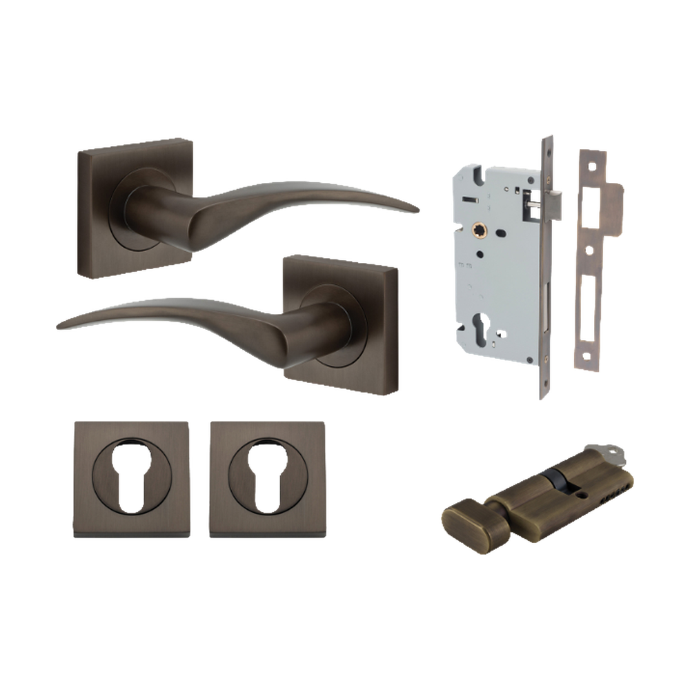 Door Lever Oxford Square Rose Pair Signature Brass H52xW52xP60mm Entrance Kit, Mortice Lock Euro Signature Brass CTC85mm Backset 60mm, Euro Cylinder Key Thumb 6 Pin Signature Brass L70mm KA1, Escutcheon Euro Concealed Fix Square Pair Signature Bra… in Signature Brass
