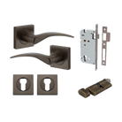 Door Lever Oxford Square Rose Pair Signature Brass H52xW52xP60mm Entrance Kit, Mortice Lock Euro Signature Brass CTC85mm Backset 60mm, Euro Cylinder Key Thumb 6 Pin Signature Brass L70mm KA1, Escutcheon Euro Concealed Fix Square Pair Signature Bra… in Signature Brass