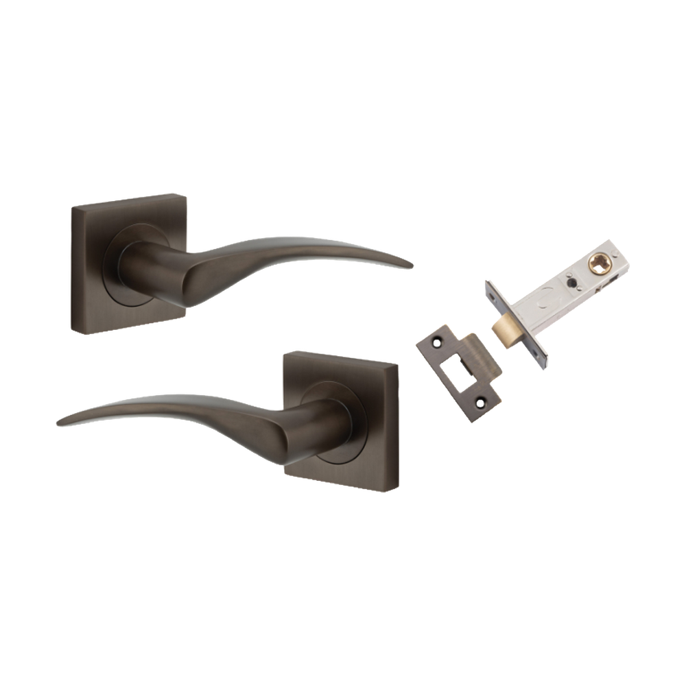 Door Lever Oxford Square Rose Pair Signature Brass H52xW52xP60mm Passage Kit, Tube Latch Split Cam 'T' Striker Signature Brass Backset 60mm in Signature Brass