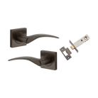 Door Lever Oxford Square Rose Pair Signature Brass H52xW52xP60mm Passage Kit, Tube Latch Split Cam 'T' Striker Signature Brass Backset 60mm in Signature Brass