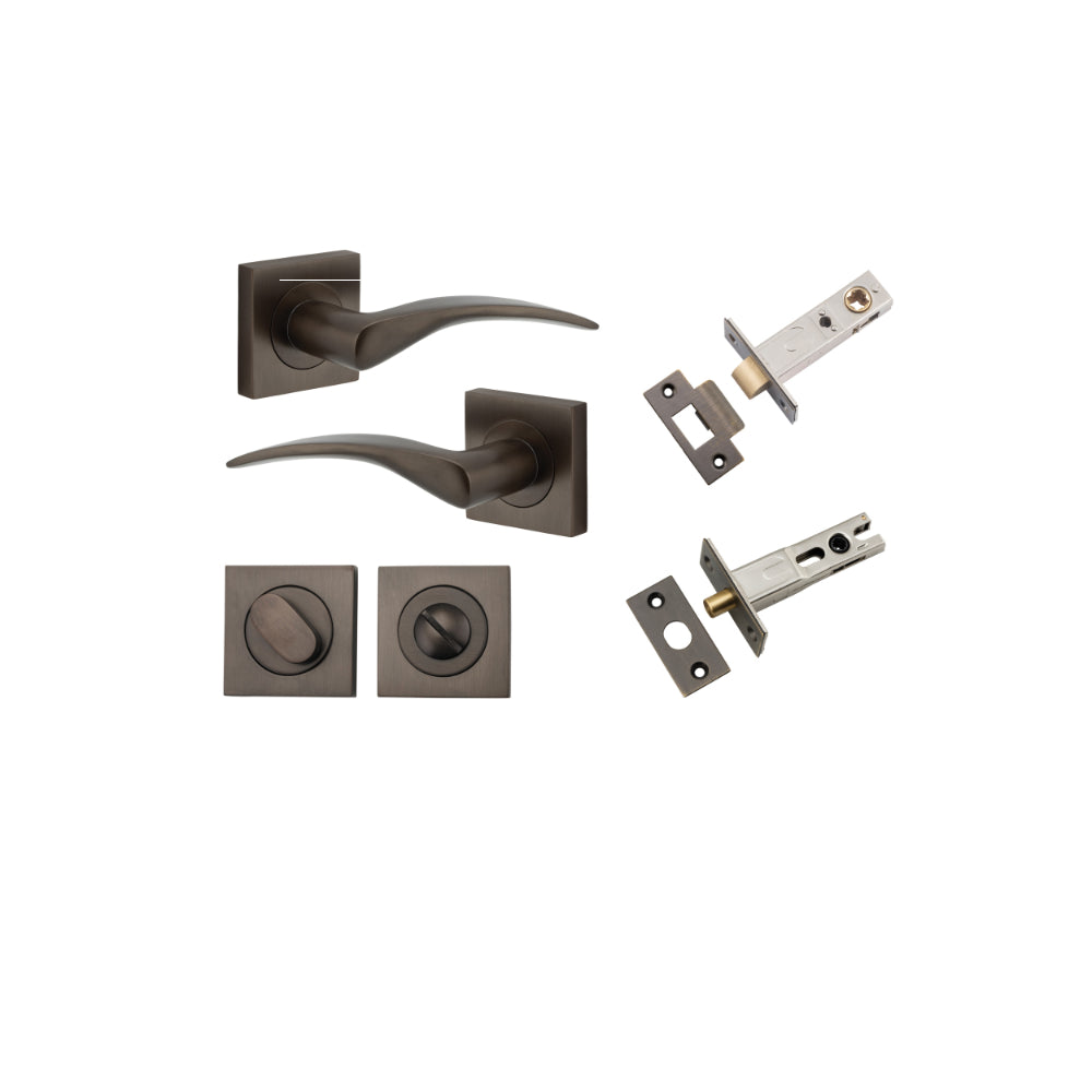 Door Lever Oxford Square Rose Pair Signature Brass H52xW52xP60mm Privacy Kit, Tube Latch Split Cam 'T' Striker Signature Brass Backset 60mm, Privacy Bolt Round Bolt Signature Brass Backset 60mm, Privacy Turn Oval Concealed Fix Square Signature Bra… in Sig
