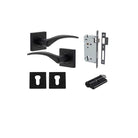 Door Lever Oxford Square Rose Pair Matt Black H52xW52xP60mm Entrance Kit, Mortice Lock Euro Matt Black CTC85mm Backset 60mm, Euro Cylinder Dual Function 5 Pin Matt Black L65mm KA1, Escutcheon Euro Concealed Fix Square Pair Matt Black H52xW52xP10mm in Matt Black