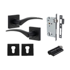 Door Lever Oxford Square Rose Pair Matt Black H52xW52xP60mm Entrance Kit, Mortice Lock Euro Matt Black CTC85mm Backset 60mm, Euro Cylinder Dual Function 5 Pin Matt Black L65mm KA1, Escutcheon Euro Concealed Fix Square Pair Matt Black H52xW52xP10mm in Matt Black