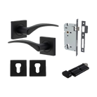 Door Lever Oxford Square Rose Pair Matt Black H52xW52xP60mm Entrance Kit, Mortice Lock Euro Matt Black CTC85mm Backset 60mm, Euro Cylinder Key Thumb 6 Pin Matt Black L70mm KA1, Escutcheon Euro Concealed Fix Square Pair Matt Black H52xW52xP10mm in Matt Black