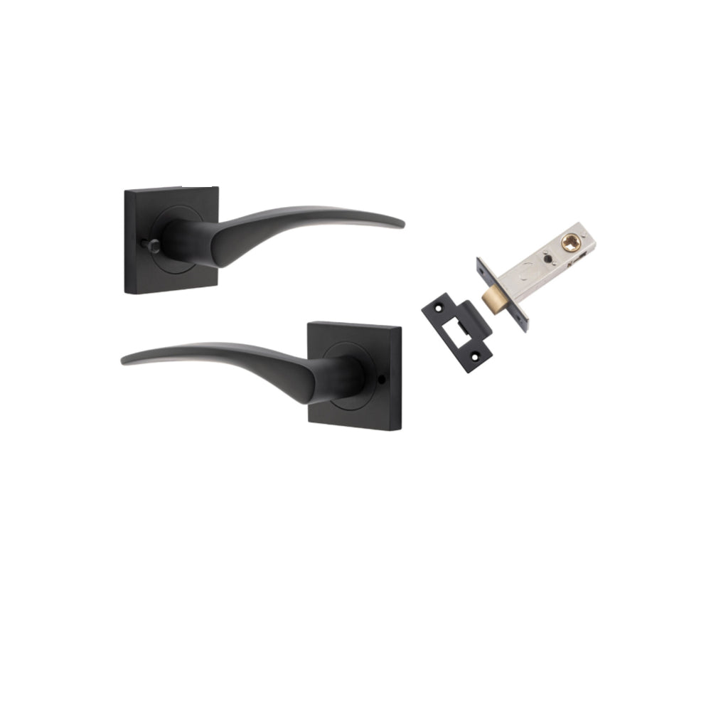 Door Lever Oxford Square Rose Inbuilt Privacy Pair Matt Black H52xW52xP60mm with Tube Latch Privacy with Faceplate & T Striker Backset 60mm in Matt Black
