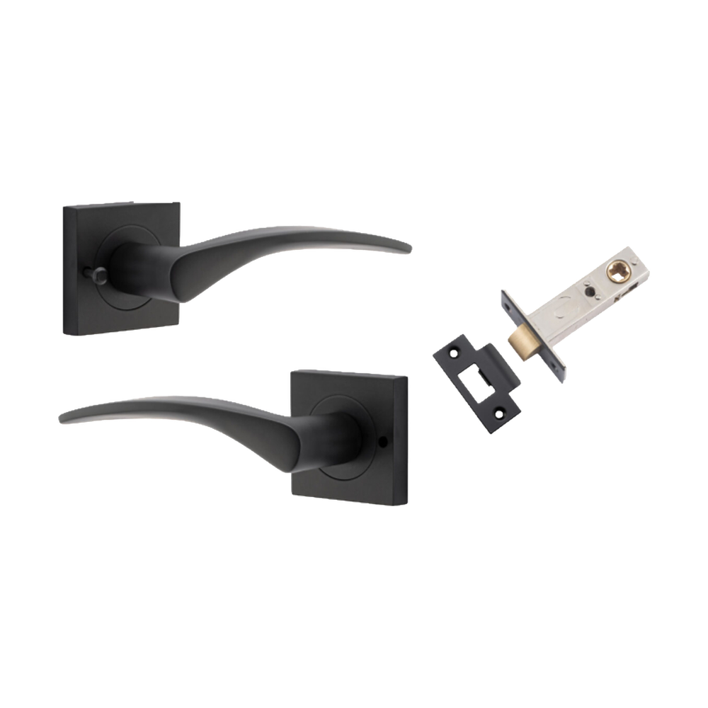 Door Lever Oxford Square Rose Inbuilt Privacy Pair Matt Black H52xW52xP60mm with Tube Latch Privacy with Faceplate & T Striker Backset 60mm in Matt Black