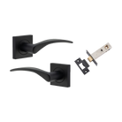 Door Lever Oxford Square Rose Pair Matt Black H52xW52xP60mm Passage Kit, Tube Latch Split Cam 'T' Striker Matt Black Backset 60mm in Matt Black