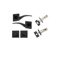 Door Lever Oxford Square Rose Pair Matt Black H52xW52xP60mm Privacy Kit, Tube Latch Split Cam 'T' Striker Matt Black Backset 60mm, Privacy Bolt Round Bolt Matt Black Backset 60mm, Privacy Turn Oval Concealed Fix Square Matt Black H52xW52xP23mm in Matt Black