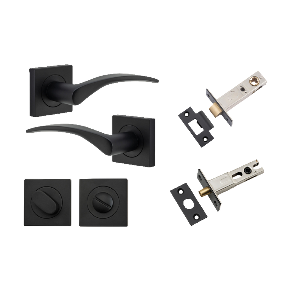 Door Lever Oxford Square Rose Pair Matt Black H52xW52xP60mm Privacy Kit, Tube Latch Split Cam 'T' Striker Matt Black Backset 60mm, Privacy Bolt Round Bolt Matt Black Backset 60mm, Privacy Turn Oval Concealed Fix Square Matt Black H52xW52xP23mm in Matt Black