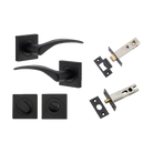 Door Lever Oxford Square Rose Pair Matt Black H52xW52xP60mm Privacy Kit, Tube Latch Split Cam 'T' Striker Matt Black Backset 60mm, Privacy Bolt Round Bolt Matt Black Backset 60mm, Privacy Turn Oval Concealed Fix Square Matt Black H52xW52xP23mm in Matt Black