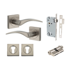 Door Lever Oxford Square Rose Pair Satin Nickel H52xW52xP60mm Entrance Kit, Mortice Lock Euro Satin Nickel CTC85mm Backset 60mm, Euro Cylinder Dual Function 5 Pin Satin Nickel L65mm KA1, Escutcheon Euro Concealed Fix Square Pair Satin Nickel H52xW… in Satin Nickel