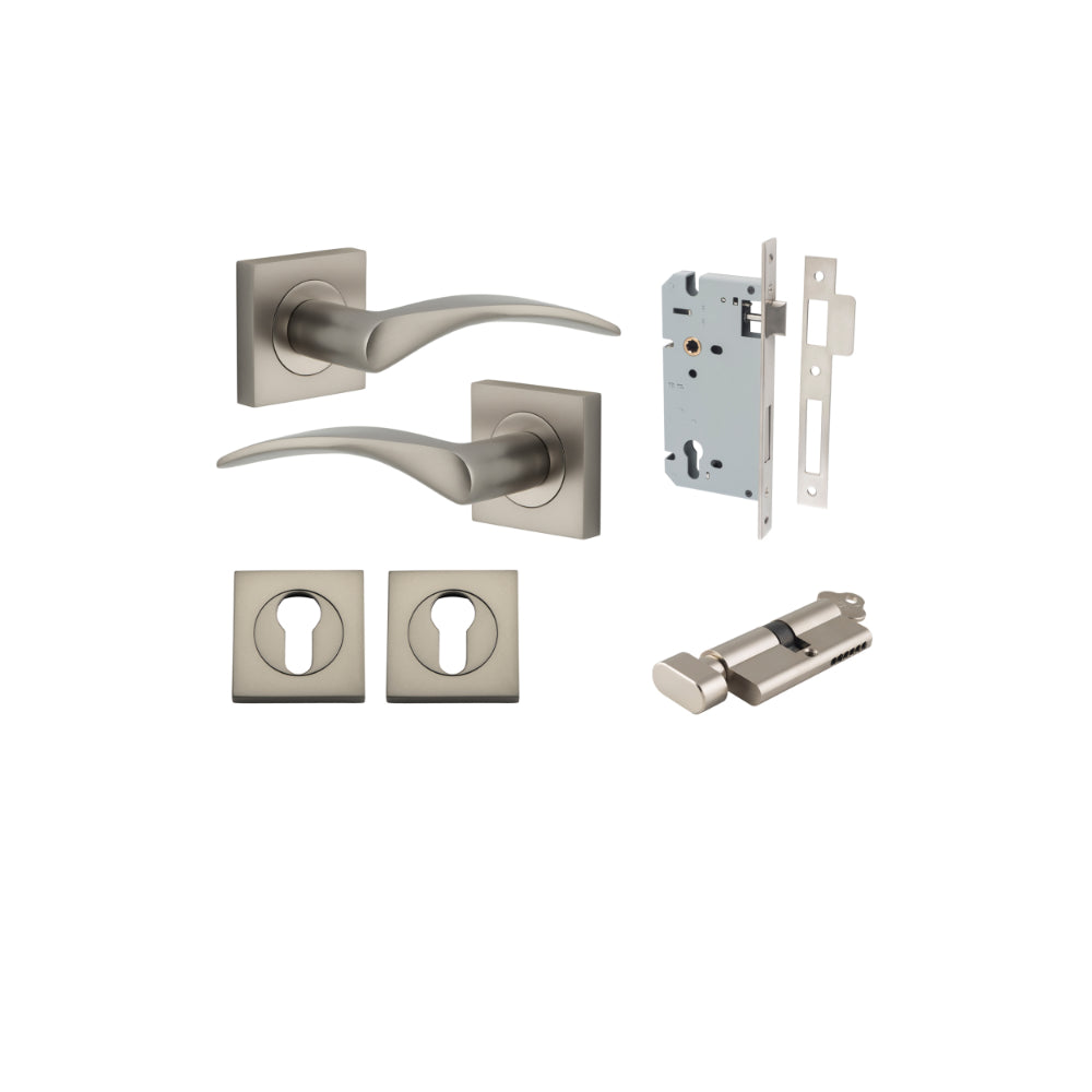 Door Lever Oxford Square Rose Pair Satin Nickel H52xW52xP60mm Entrance Kit, Mortice Lock Euro Satin Nickel CTC85mm Backset 60mm, Euro Cylinder Key Thumb 6 Pin Satin Nickel L70mm KA1, Escutcheon Euro Concealed Fix Square Pair Satin Nickel H52xW52xP… in Sat