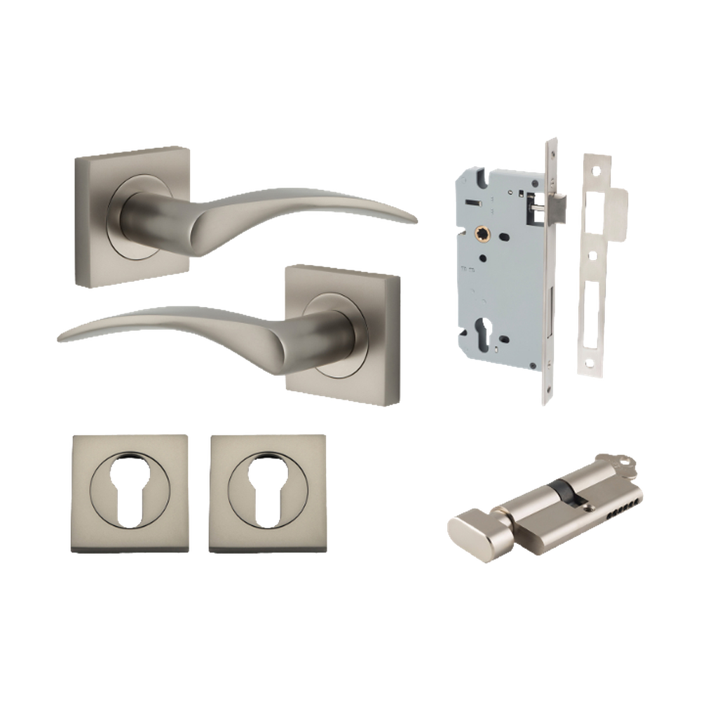 Door Lever Oxford Square Rose Pair Satin Nickel H52xW52xP60mm Entrance Kit, Mortice Lock Euro Satin Nickel CTC85mm Backset 60mm, Euro Cylinder Key Thumb 6 Pin Satin Nickel L70mm KA1, Escutcheon Euro Concealed Fix Square Pair Satin Nickel H52xW52xP… in Satin Nickel