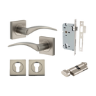 Door Lever Oxford Square Rose Pair Satin Nickel H52xW52xP60mm Entrance Kit, Mortice Lock Euro Satin Nickel CTC85mm Backset 60mm, Euro Cylinder Key Thumb 6 Pin Satin Nickel L70mm KA1, Escutcheon Euro Concealed Fix Square Pair Satin Nickel H52xW52xP… in Satin Nickel