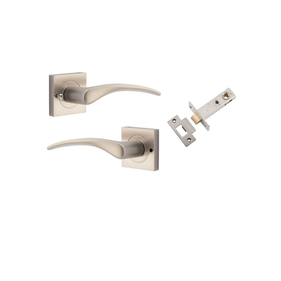 Door Lever Oxford Square Rose Inbuilt Privacy Pair Satin Nickel H52xW52xP60mm with Tube Latch Privacy with Faceplate & T Striker Backset 60mm in Satin Nickel