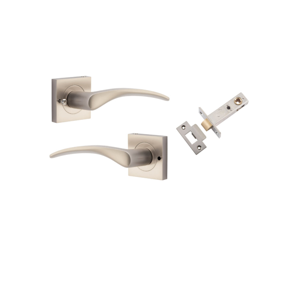 Door Lever Oxford Square Rose Inbuilt Privacy Pair Satin Nickel H52xW52xP60mm with Tube Latch Privacy with Faceplate & T Striker Backset 60mm in Satin Nickel