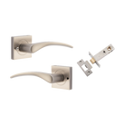 Door Lever Oxford Square Rose Inbuilt Privacy Pair Satin Nickel H52xW52xP60mm with Tube Latch Privacy with Faceplate & T Striker Backset 60mm in Satin Nickel