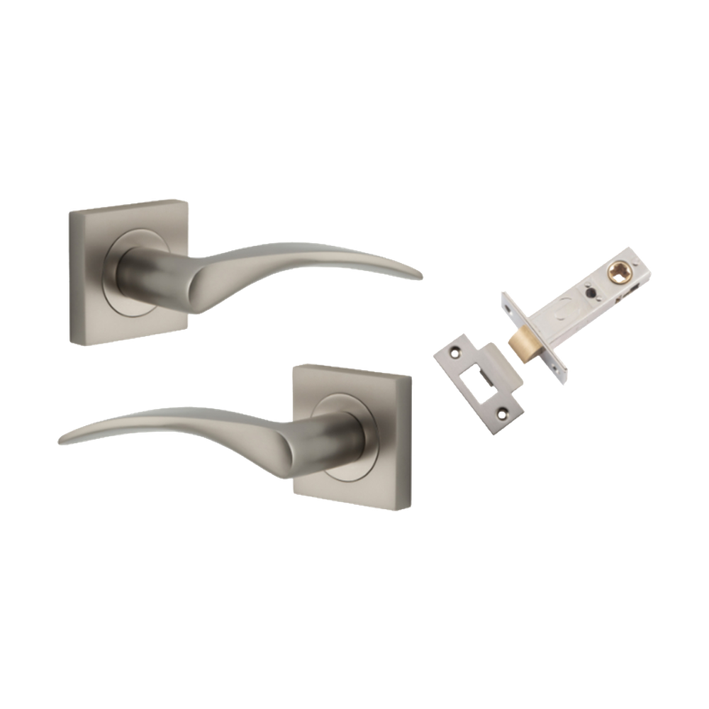 Door Lever Oxford Square Rose Pair Satin Nickel H52xW52xP60mm Passage Kit, Tube Latch Split Cam 'T' Striker Satin Nickel Backset 60mm in Satin Nickel