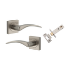 Door Lever Oxford Square Rose Pair Satin Nickel H52xW52xP60mm Passage Kit, Tube Latch Split Cam 'T' Striker Satin Nickel Backset 60mm in Satin Nickel