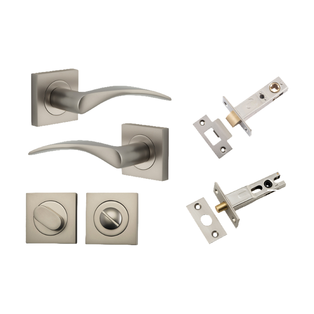 Door Lever Oxford Square Rose Pair Satin Nickel H52xW52xP60mm Privacy Kit, Tube Latch Split Cam 'T' Striker Satin Nickel Backset 60mm, Privacy Bolt Round Bolt Satin Nickel Backset 60mm, Privacy Turn Oval Concealed Fix Square Satin Nickel H52xW52xP… in Satin Nickel