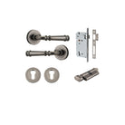 Door Lever Verona Round Rose Pair Distressed Nickel D52xP59mm Entrance Kit, Mortice Lock Euro Distressed Nickel CTC85mm Backset 60mm, Euro Cylinder Key Thumb 6 Pin Distressed Nickel L70mm KA1, Escutcheon Euro Concealed Fix Round Pair Distressed Ni… in Dis