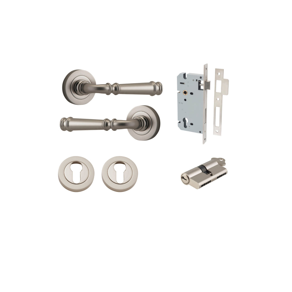 Door Lever Verona Round Rose Pair Satin Nickel D52xP59mm Entrance Kit, Mortice Lock Euro Satin Nickel CTC85mm Backset 60mm, Euro Cylinder Dual Function 5 Pin Satin Nickel L65mm KA1, Escutcheon Euro Concealed Fix Round Pair Satin Nickel D52xP10mm in Satin Nickel