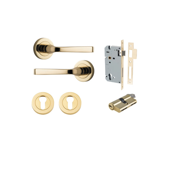 Door Lever Annecy Round Rose Pair Polished Brass D52xP65mm Entrance Kit, Mortice Lock Euro Polished Brass CTC85mm Backset 60mm, Euro Cylinder Dual Function 5 Pin Polished Brass L65mm KA1, Escutcheon Euro Concealed Fix Round Pair Polished Brass D52… in Pol