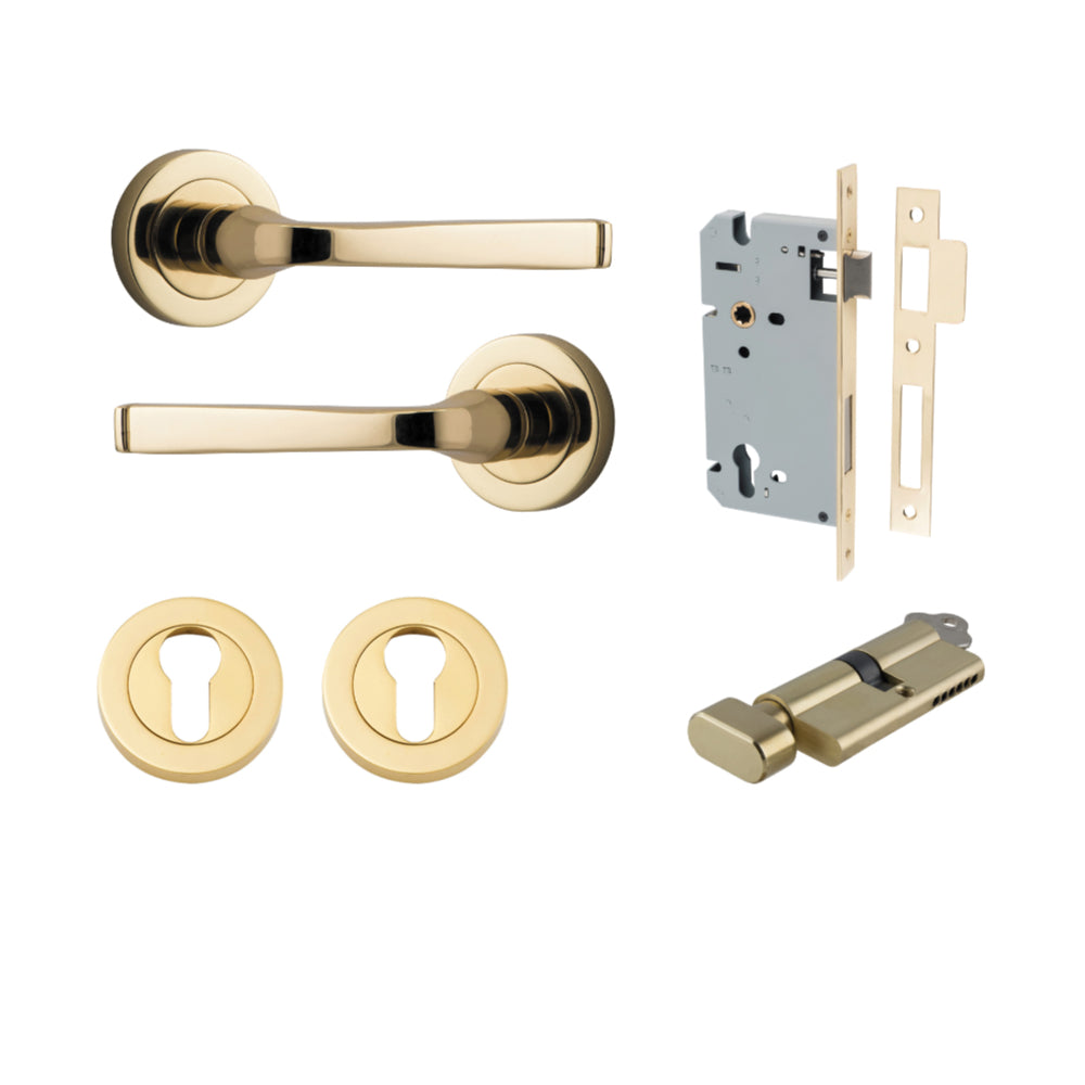 Door Lever Annecy Round Rose Pair Polished Brass D52xP65mm Entrance Kit, Mortice Lock Euro Polished Brass CTC85mm Backset 60mm, Euro Cylinder Key Thumb 6 Pin Polished Brass L70mm KA1, Escutcheon Euro Concealed Fix Round Pair Polished Brass D52xP10mm in Po