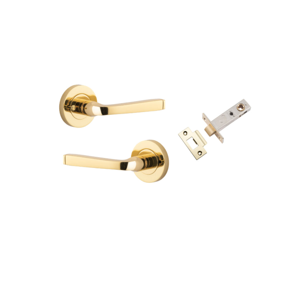 Door Lever Annecy Round Rose Inbuilt Privacy Pair Polished Brass D58xP65mm with Tube Latch Privacy with Faceplate & T Striker Backset 60mm in Polished Brass