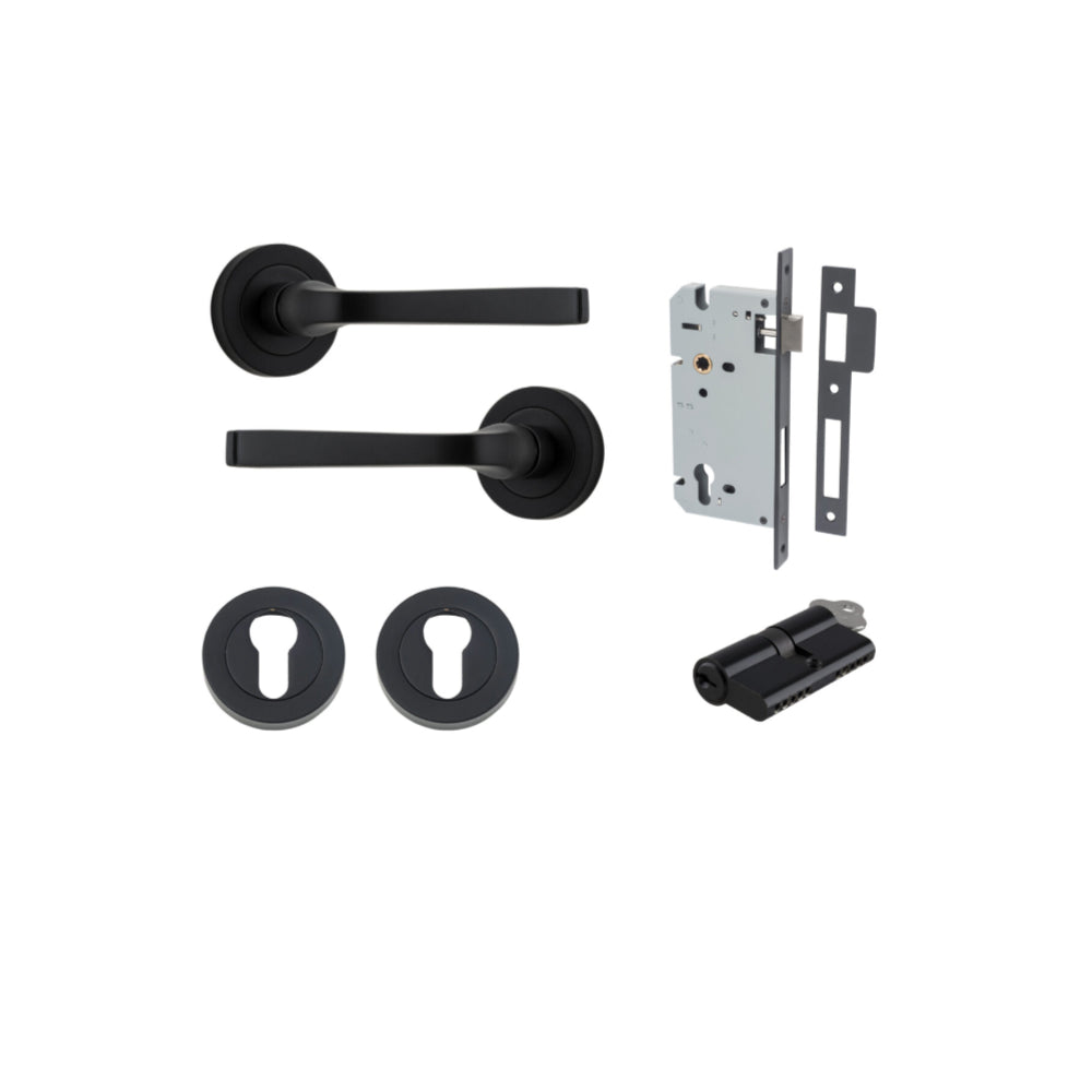 Door Lever Annecy Round Rose Pair Matt Black D52xP65mm Entrance Kit, Mortice Lock Euro Matt Black CTC85mm Backset 60mm, Euro Cylinder Dual Function 5 Pin Matt Black L65mm KA1, Escutcheon Euro Concealed Fix Round Pair Matt Black D52xP10mm in Matt Black