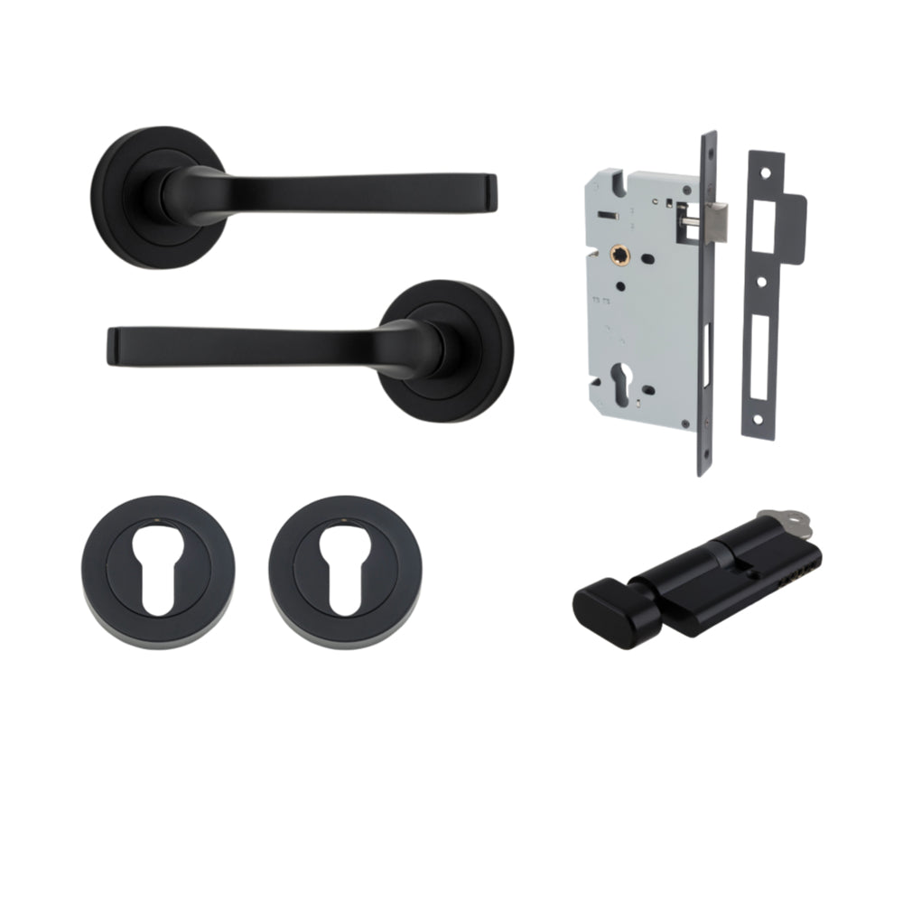 Door Lever Annecy Round Rose Pair Matt Black D52xP65mm Entrance Kit, Mortice Lock Euro Matt Black CTC85mm Backset 60mm, Euro Cylinder Key Thumb 6 Pin Matt Black L70mm KA1, Escutcheon Euro Concealed Fix Round Pair Matt Black D52xP10mm in Matt Black