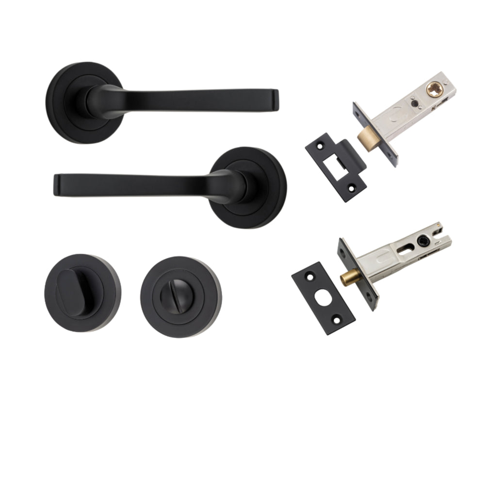 Door Lever Annecy Round Rose Pair Matt Black D52xP65mm Privacy Kit, Tube Latch Split Cam 'T' Striker Matt Black Backset 60mm, Privacy Bolt Round Bolt Matt Black Backset 60mm, Privacy Turn Oval Concealed Fix Round Matt Black D52xP23mm in Matt Black