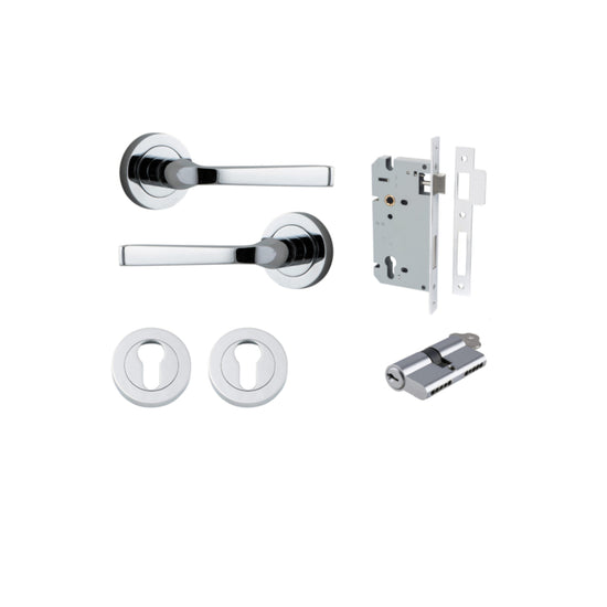 Door Lever Annecy Round Rose Pair Polished Chrome D52xP65mm Entrance Kit, Mortice Lock Euro Polished Chrome CTC85mm Backset 60mm, Euro Cylinder Dual Function 5 Pin Polished Chrome L65mm KA1, Escutcheon Euro Concealed Fix Round Pair Polished Chrome… in Pol