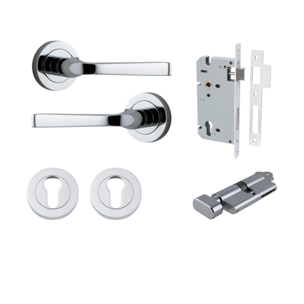 Door Lever Annecy Round Rose Pair Polished Chrome D52xP65mm Entrance Kit, Mortice Lock Euro Polished Chrome CTC85mm Backset 60mm, Euro Cylinder Key Thumb 6 Pin Polished Chrome L70mm KA1, Escutcheon Euro Concealed Fix Round Pair Polished Chrome D52… in Pol