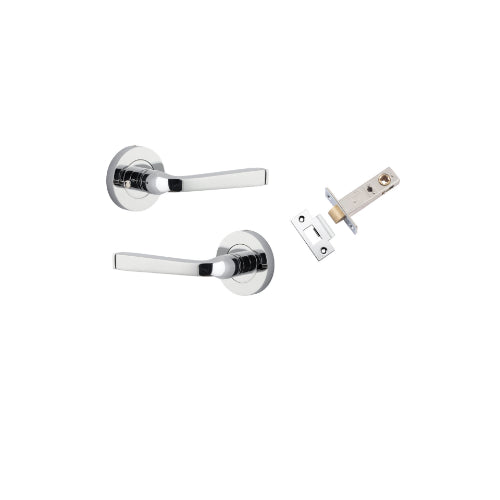 Door Lever Annecy Round Rose Inbuilt Privacy Pair Polished Chrome D58xP65mm with Tube Latch Privacy with Faceplate & T Striker Backset 60mm in Polished Chrome