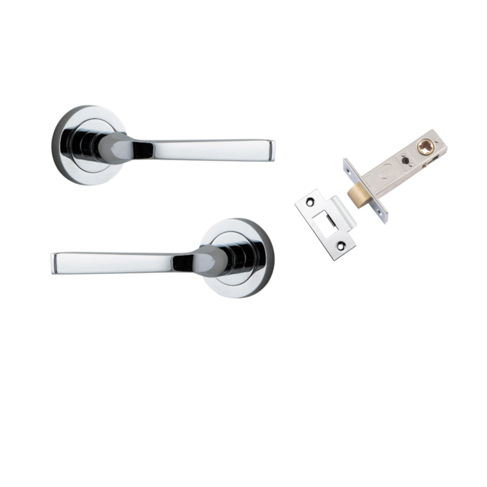 Door Lever Annecy Round Rose Pair Polished Chrome D52xP65mm Passage Kit, Tube Latch Split Cam 'T' Striker Polished Chrome Backset 60mm in Polished Chrome