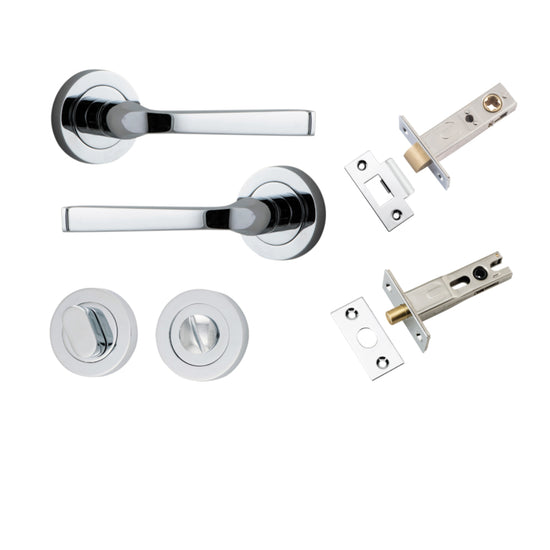 Door Lever Annecy Round Rose Pair Polished Chrome D52xP65mm Privacy Kit, Tube Latch Split Cam 'T' Striker Polished Chrome Backset 60mm, Privacy Bolt Round Bolt Polished Chrome Backset 60mm, Privacy Turn Oval Concealed Fix Round Polished Chrome D52… in Pol