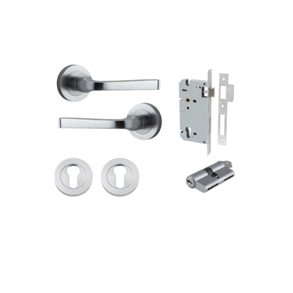 Door Lever Annecy Round Rose Pair Brushed Chrome D52xP65mm Entrance Kit, Mortice Lock Euro Brushed Chrome CTC85mm Backset 60mm, Euro Cylinder Dual Function 5 Pin Brushed Chrome L65mm KA1, Escutcheon Euro Concealed Fix Round Pair Brushed Chrome D52… in Bru
