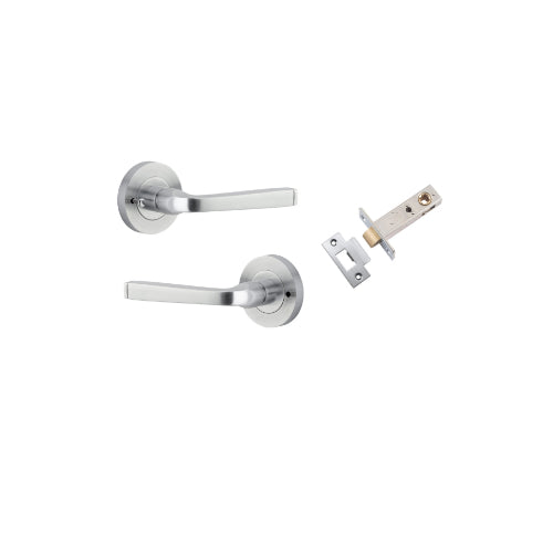Door Lever Annecy Round Rose Inbuilt Privacy Pair Brushed Chrome D58xP65mm with Tube Latch Privacy with Faceplate & T Striker Backset 60mm in Brushed Chrome